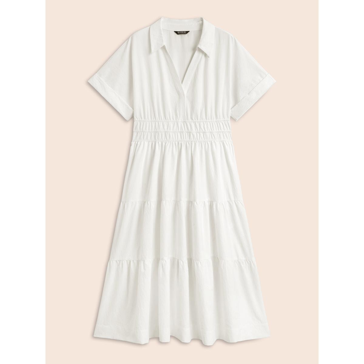 Plus Size Midfield Tiered Midi Shirt Dress Originalwhite Women At the Office Gathered Shirt collar Short sleeve Curvy BloomChic 30/6X Product Image