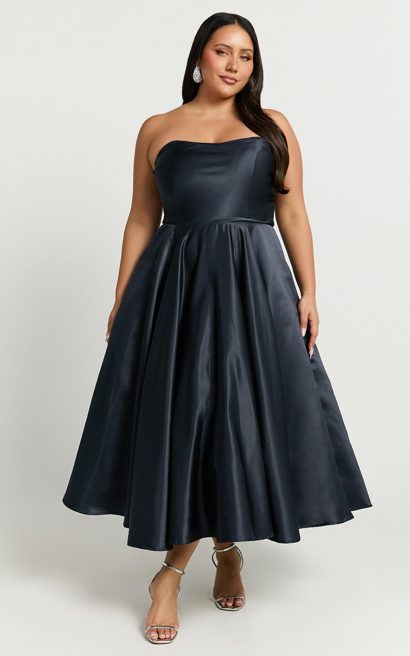 Helaina Midi Dress - Strapless A-Line Satin Dress in Navy Product Image