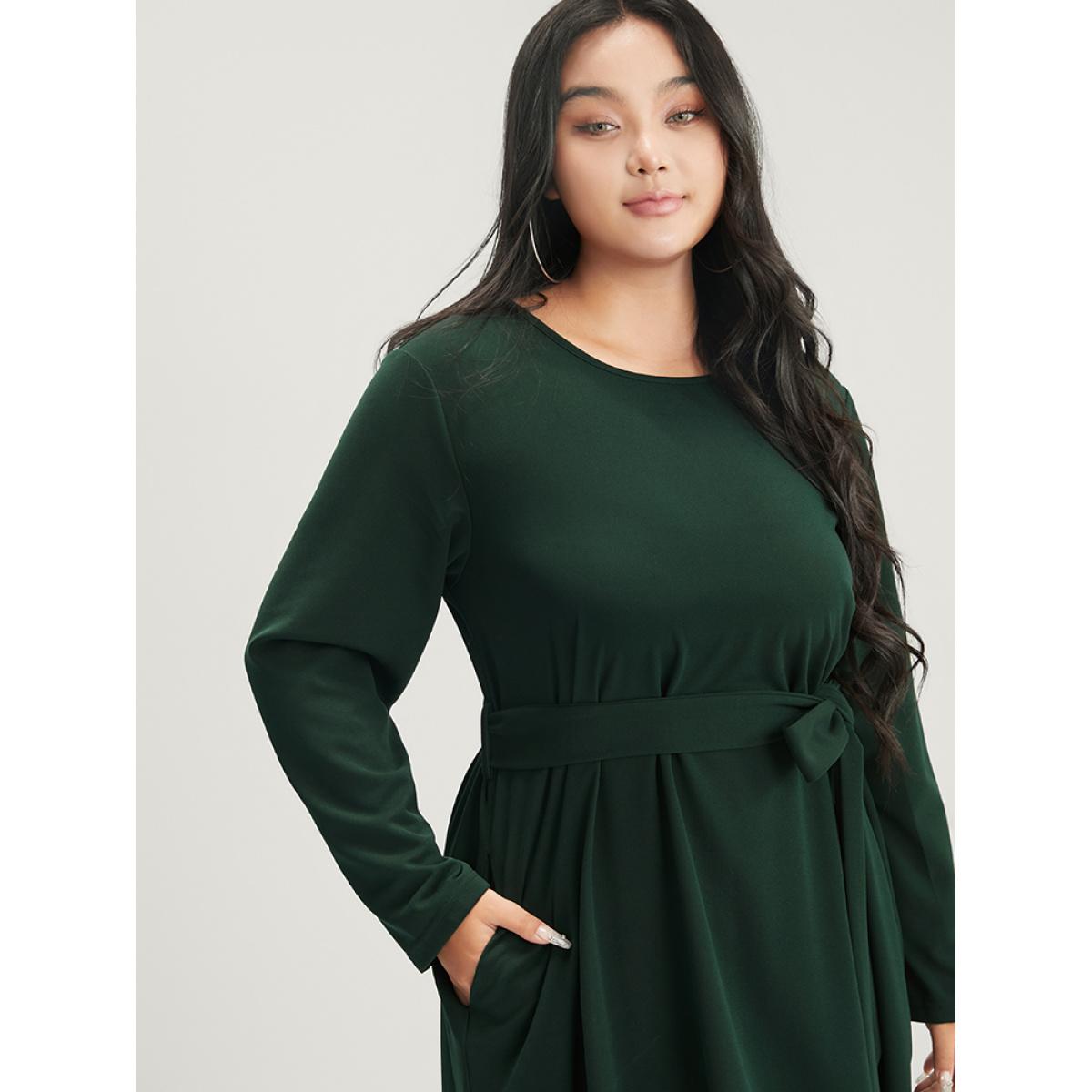 Plus Size Solid Pocket Laser Cut Asymmetrical Hem Belted Dress DarkGreen Women Casual Belted Round Neck Long Sleeve Curvy Midi Dress BloomChic 18-20/2X Product Image