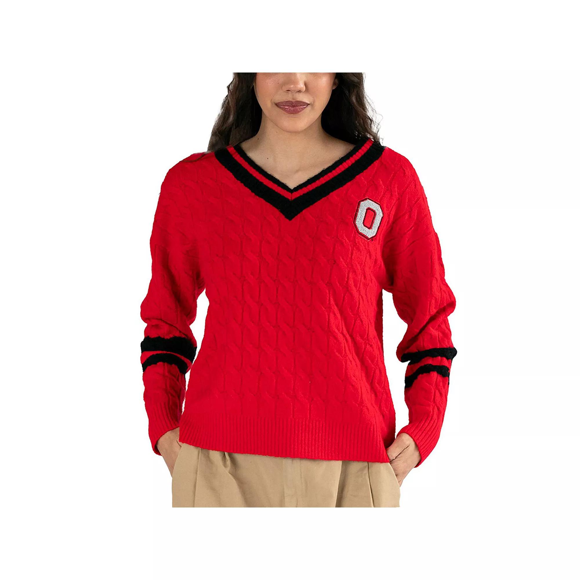 Women's Lusso Scarlet Ohio State Buckeyes Stella Cable Knit V-Neck Pullover Sweater, Size: XL, Red Product Image