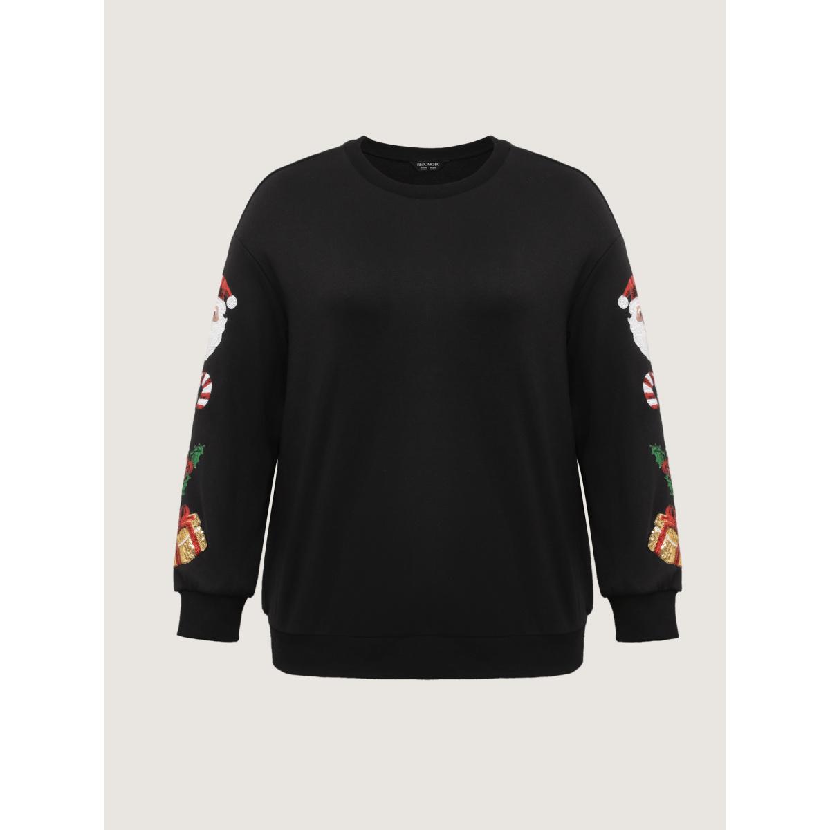 Plus Size Holiday Sequin Embroidery Relaxed-Fit Sweatshirt Women Black Leisure Round Neck Casual Sweatshirts BloomChic 14-16/1X Product Image
