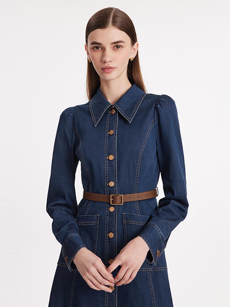 Single-Breasted Lapel Women Midi Denim Dress With Belt Product Image