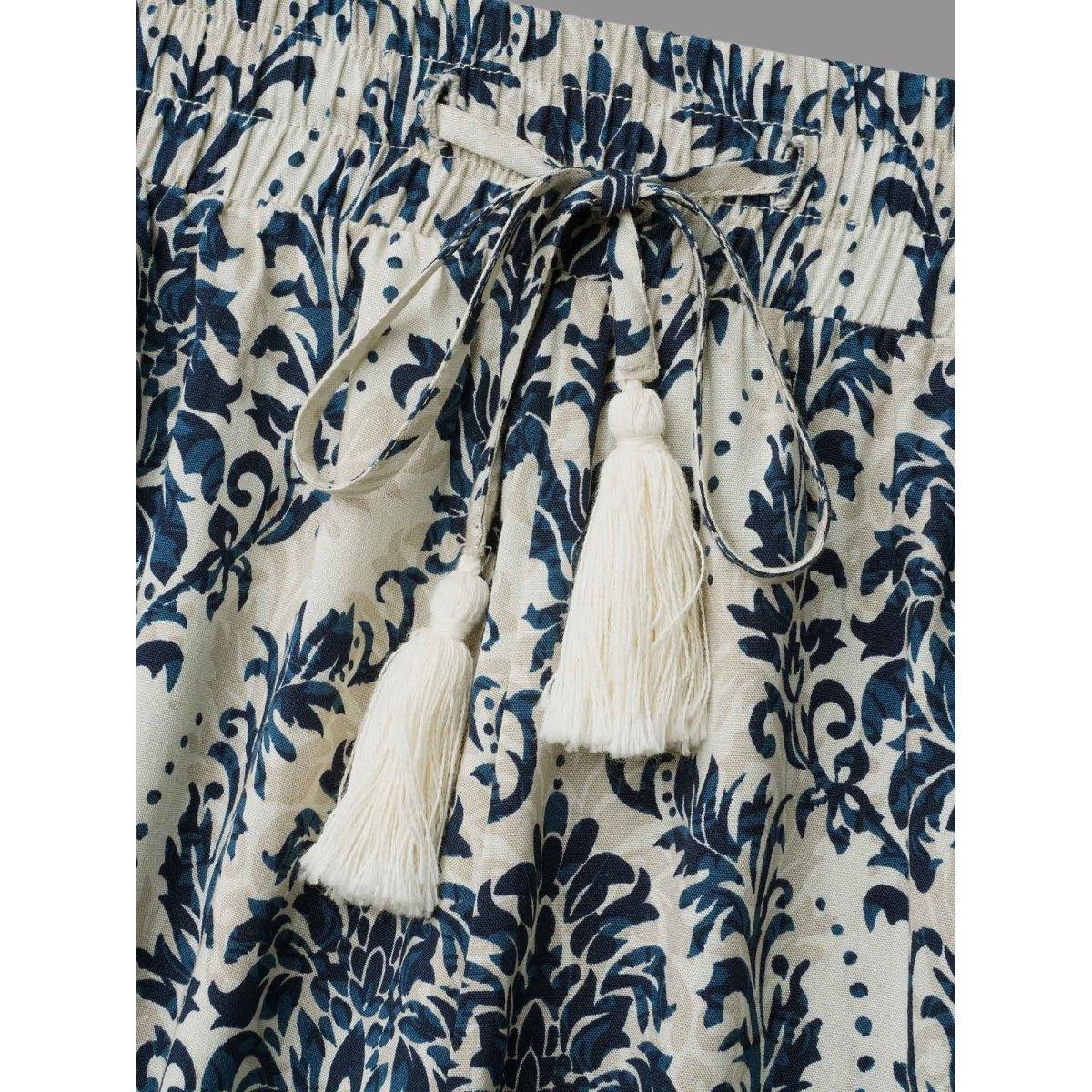 Plus Size Damask Print Tassel Straight-Leg Pants Women DarkBlue Boho Wide Leg Mid Rise Vacation Pants BloomChic 30/6X Product Image