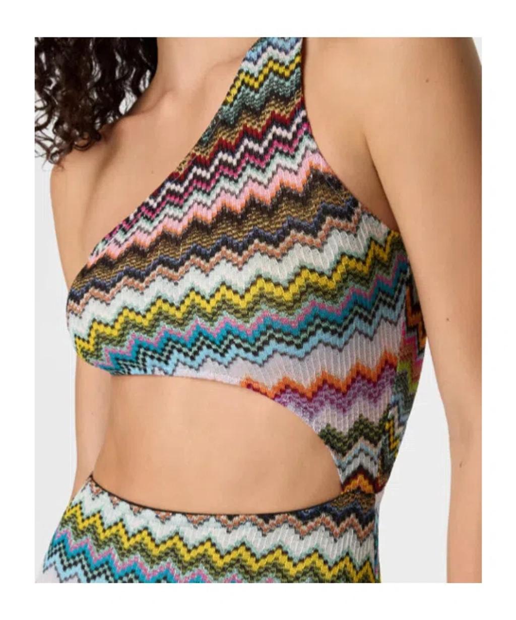 MISSONI One Shoulder Knit Dress Zigzag Detail In Multi Product Image