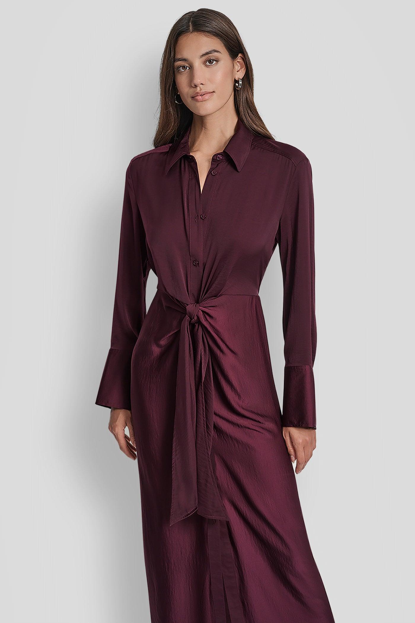 LONG SLEEVE BUTTON FRONT SHIRT DRESS WITH TIE WAIST Product Image