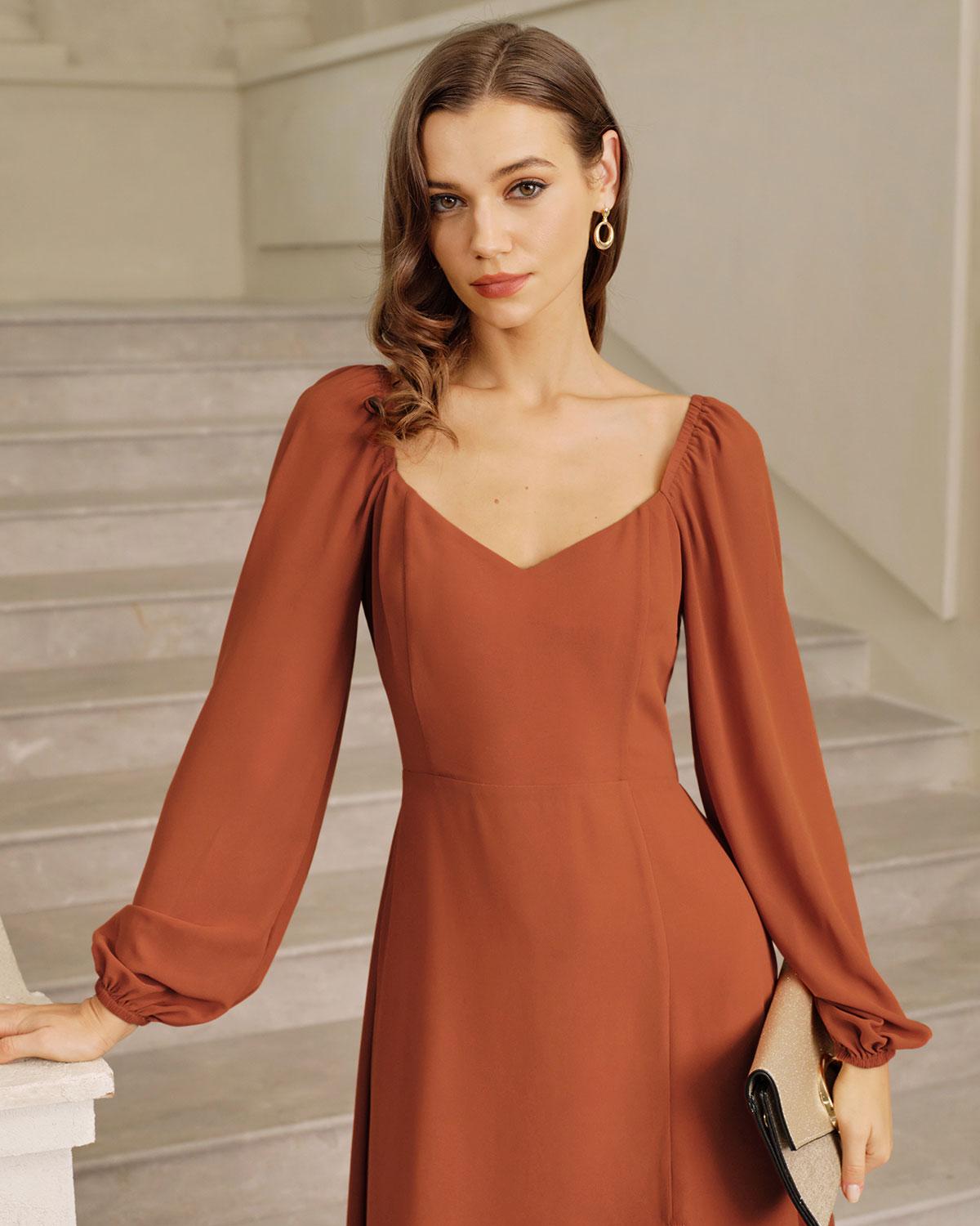 Red Puffed Sleeve Slit Midi Dress Product Image