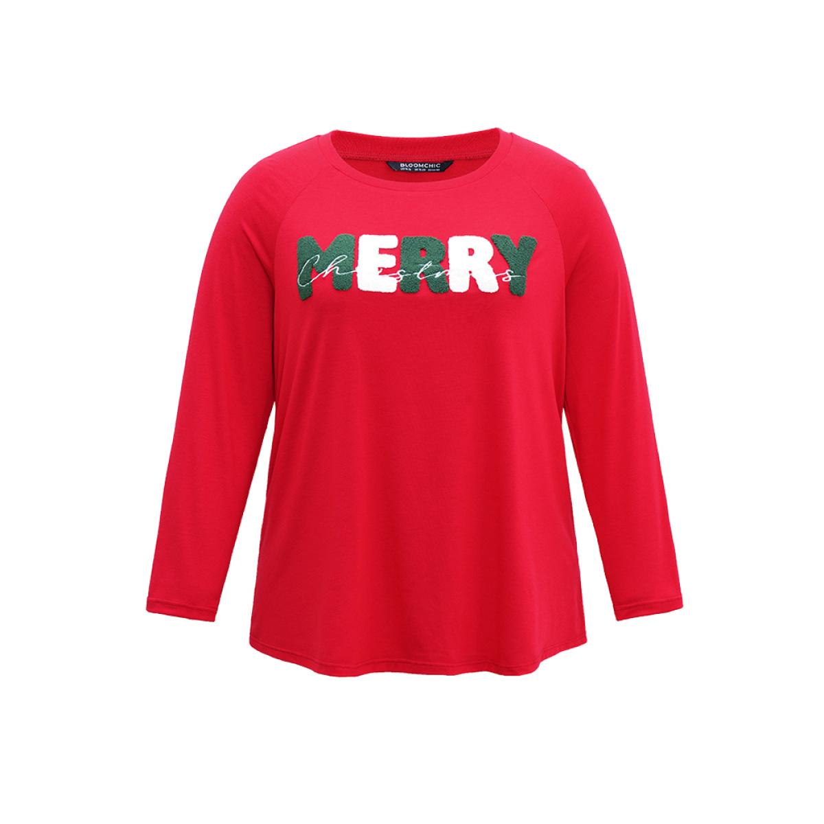 Plus Size Christmas Terry Embroidered Raglan Sleeve T-shirt Red Women Casual Contrast Christmas Festival-Christmas T-shirts BloomChic 14-16/1X Product Image