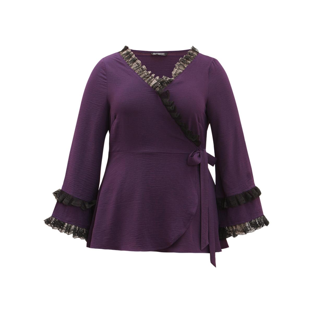 Plus Size Eggplant Halloween Contrast Eyelet Lace Wrap Layered Cuffs Blouse Women Elegant Long Sleeve V-neck Dailywear Blouses BloomChic 10/M Product Image