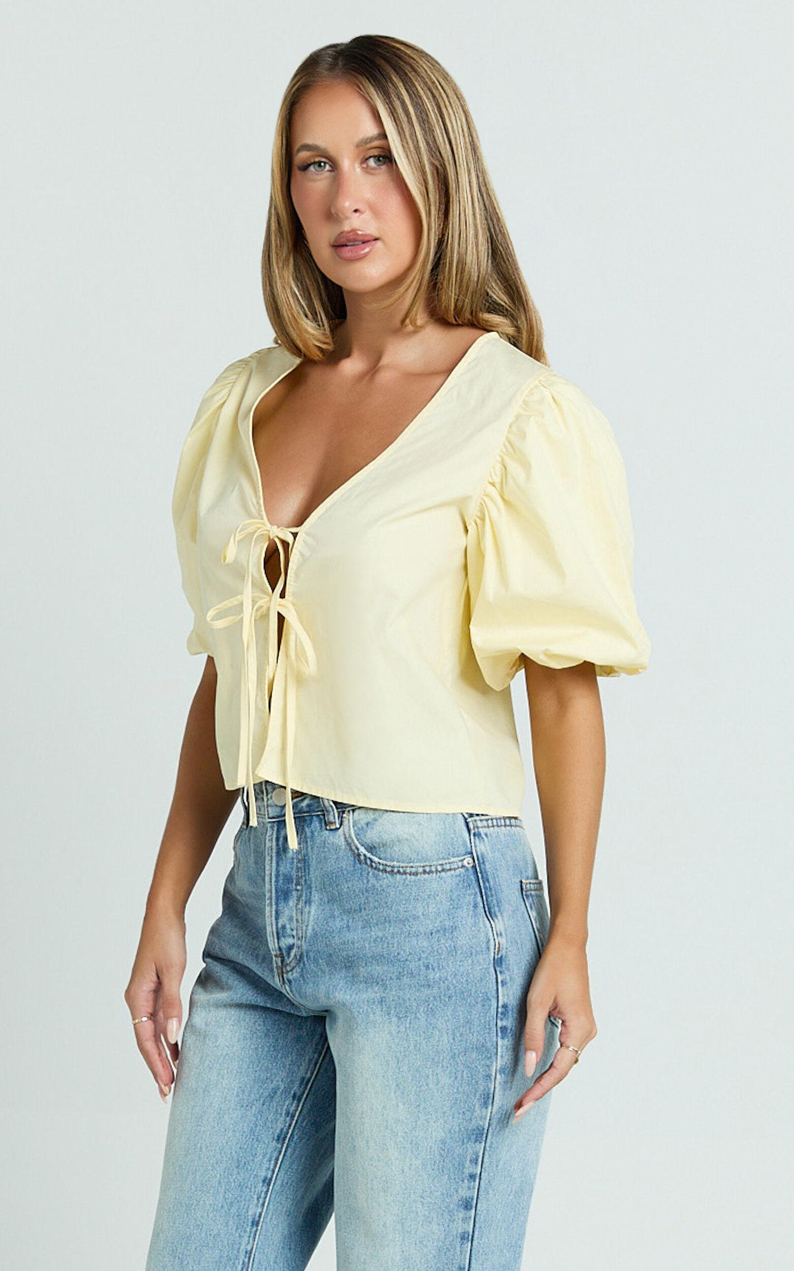 Dana Top - Bow Tie Front Puff Sleeve Blouse in Lemon Product Image