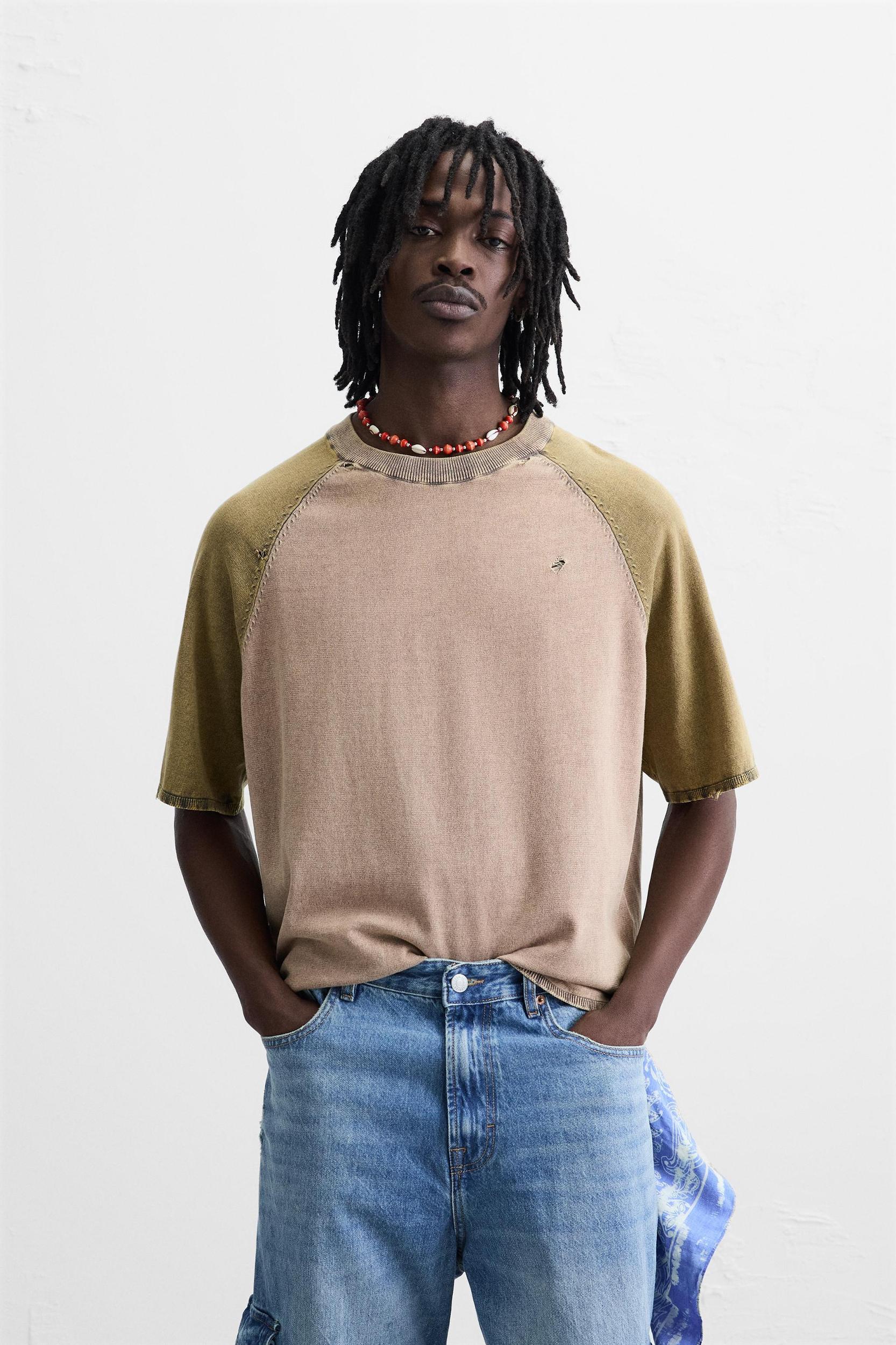 WASHED COLOR BLOCK KNIT T-SHIRT Product Image