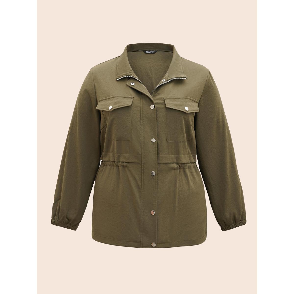 Plus Size Solid Flap Pocket Drawstring Jacket Women ArmyGreen Drawstring Side seam pocket Everyday Jackets BloomChic 26/4X Product Image