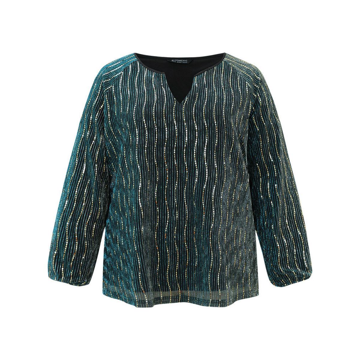 Plus Size Cyan Sequin Notched Lantern Sleeve Blouse Women Party Long Sleeve Notched collar Festival-Christmas Blouses BloomChic 22-24/3X Product Image