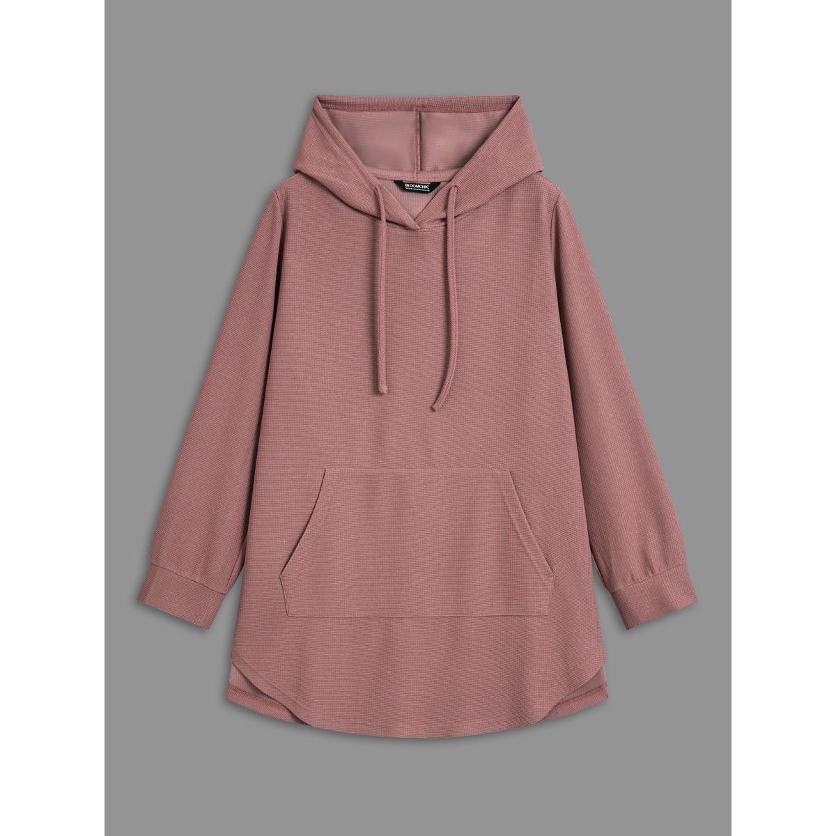 Plus Size Waffle Knit Hooded Drawstring Sweatshirt Women DustyPink Casual Texture Loose Hooded Everyday Sweatshirts BloomChic 10/M Product Image