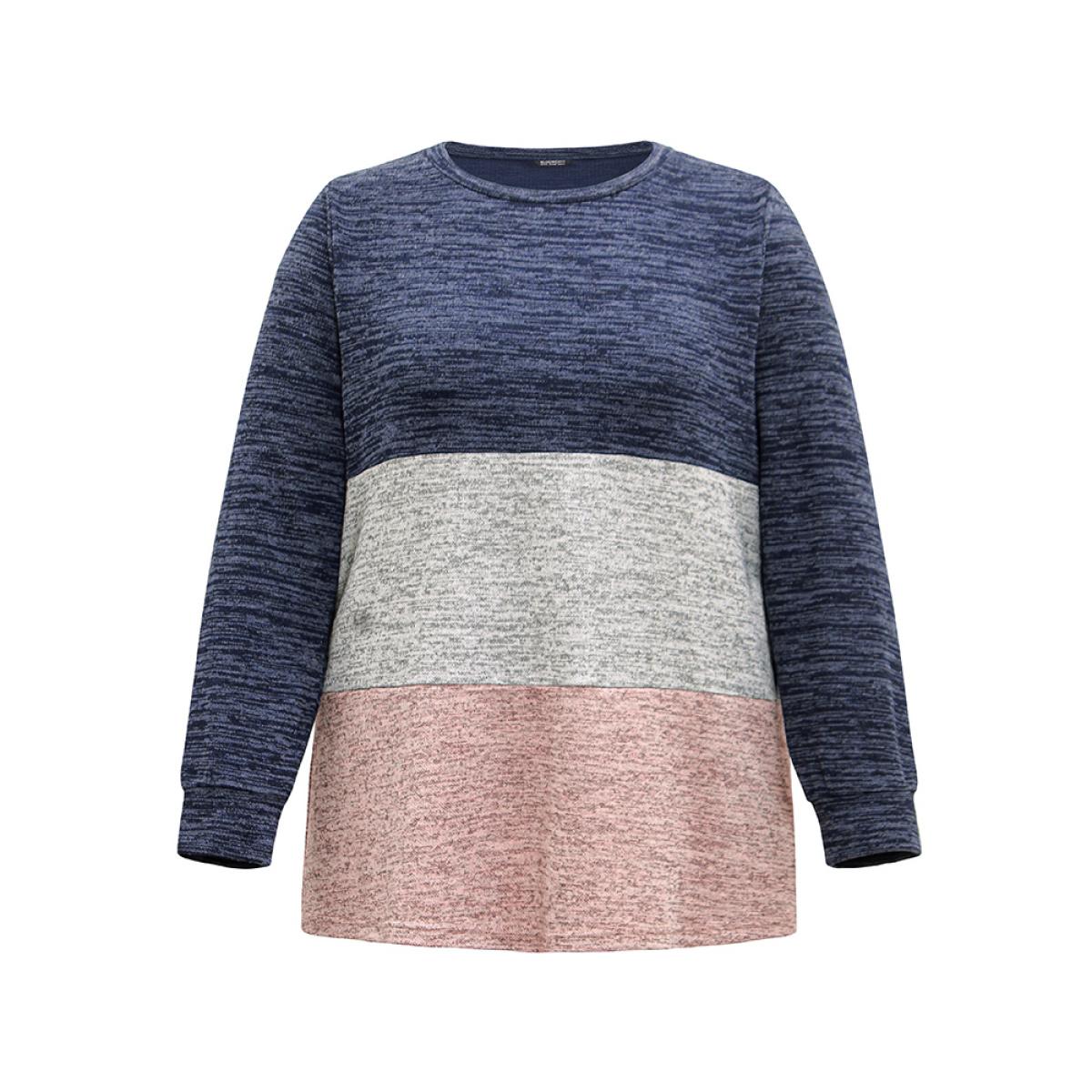 Plus Size Colorblock Contrast Heather Crew Neck Sweatshirt Women Indigo Casual Contrast Round Neck Dailywear Sweatshirts BloomChic 26/4X Product Image