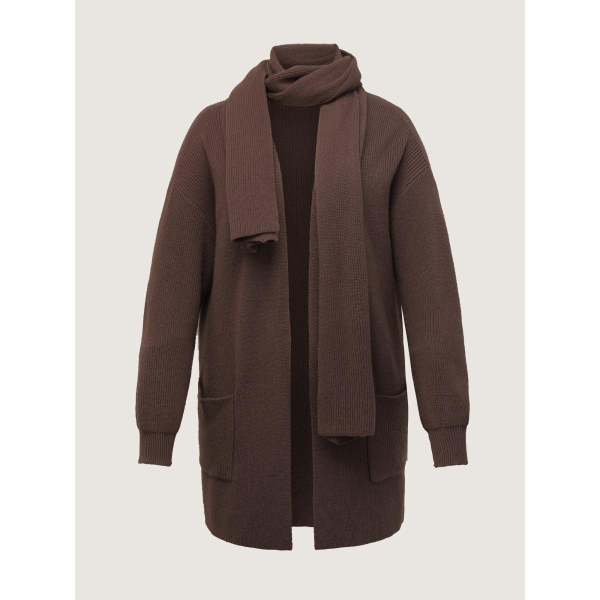 Plus Size Textured Scarf Pockets Knit Cardigan Browncoffeecolor Women Leisure Loose Long Sleeve Casual Cardigans BloomChic 14-16/1X Product Image
