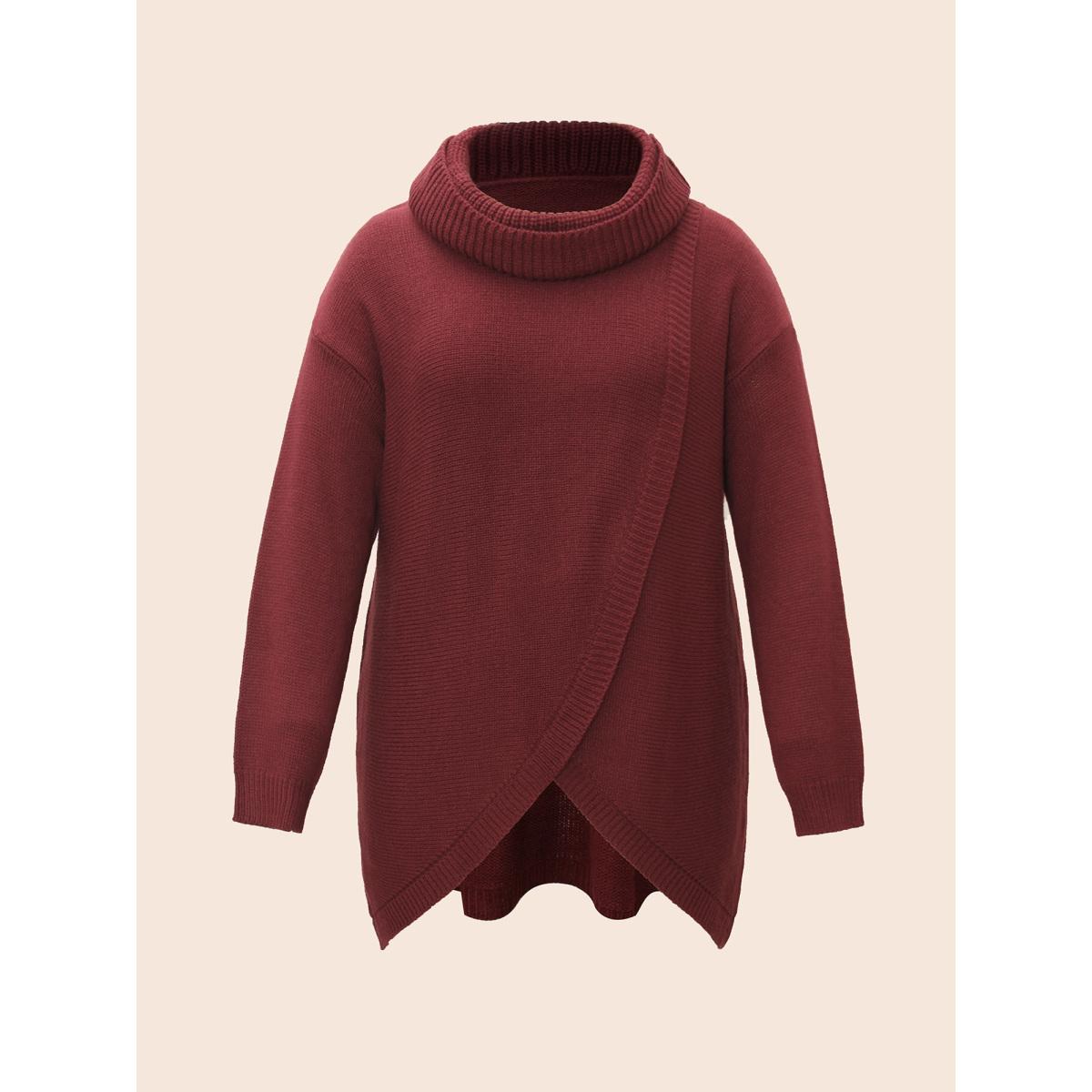 Plus Size Texture Turtleneck Slit Front Pullover Deepred Women Casual Long Sleeve Turtleneck Everyday Pullovers BloomChic 10/M Product Image