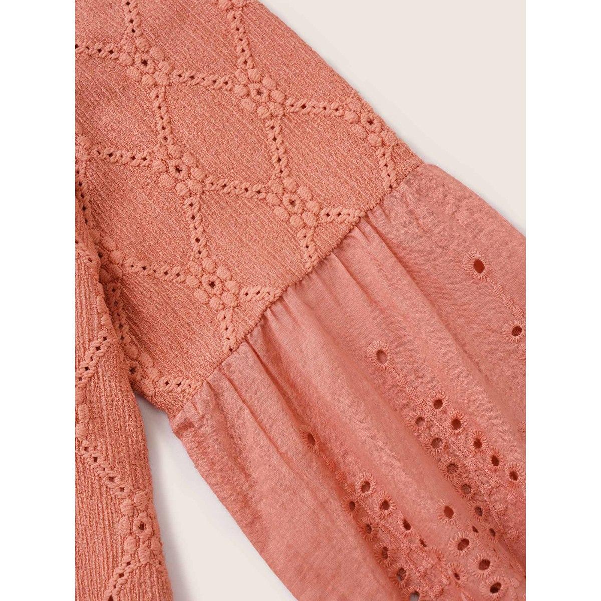 Plus Size Plain Texture Broderie Anglaise Patchwork T-shirt Salmon Women Resort Texture Plain V-neck Vacation T-shirts BloomChic 26/4X Product Image