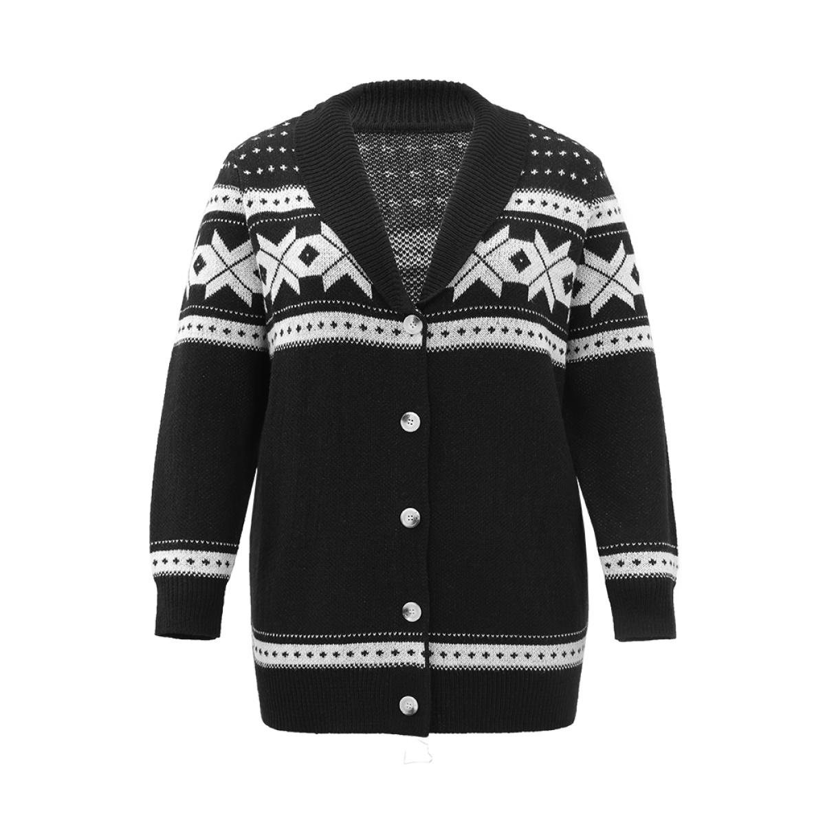 Plus Size Geometric Contrast Button Through Cardigan Black Women Casual Loose Long Sleeve Dailywear Cardigans BloomChic 12/L Product Image