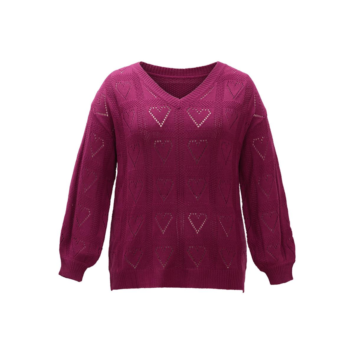 Plus Size Solid Heart Pointelle Lantern Sleeve Pullover Burgundy Women Elegant Long Sleeve V-neck Everyday Pullovers BloomChic 14-16/1X Product Image