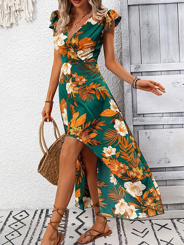 High-Low Loose Flower Print Split-Joint V-Neck Maxi Dresses Product Image