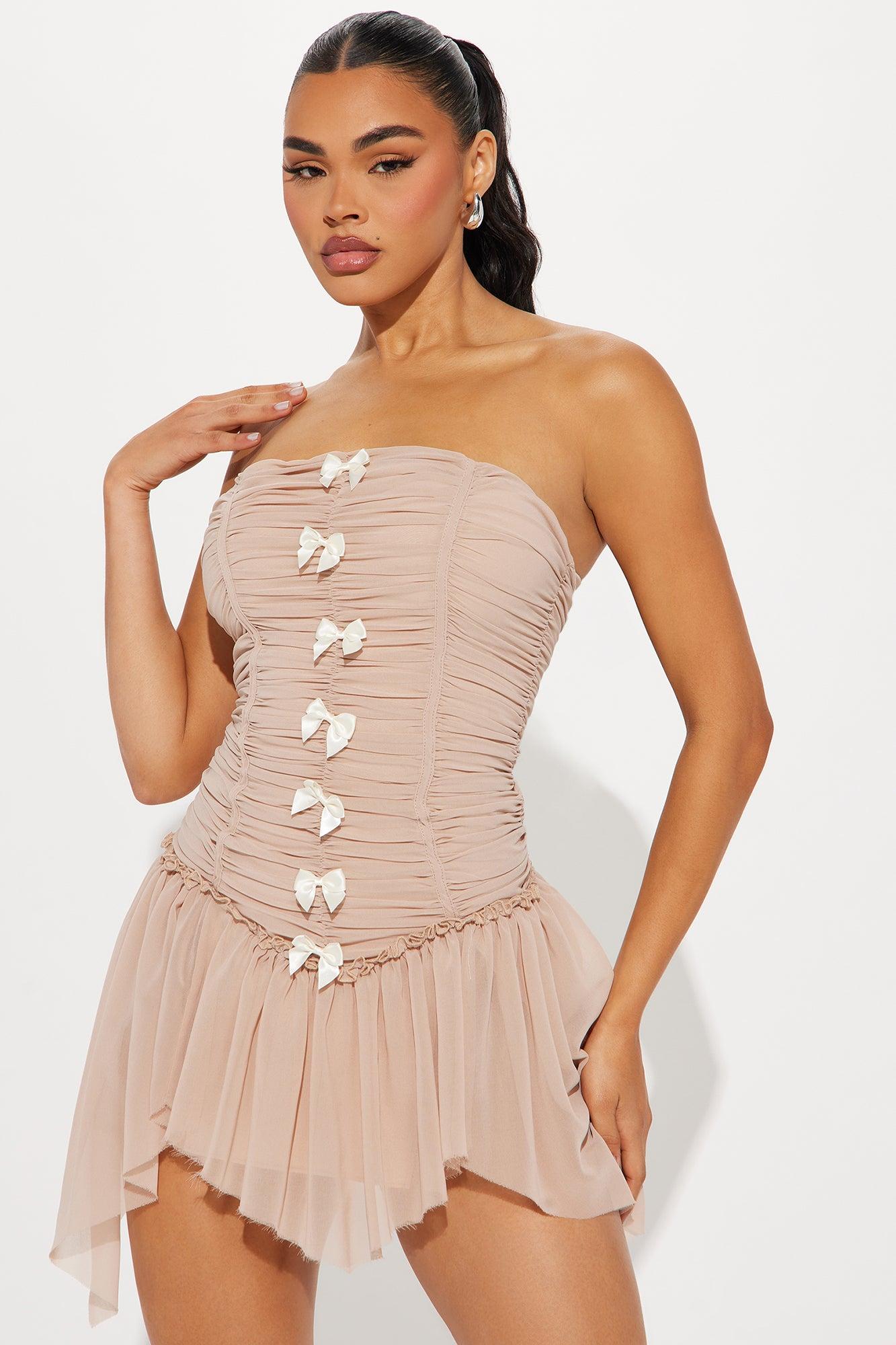 Brianna Bow Mini Dress - Taupe Product Image