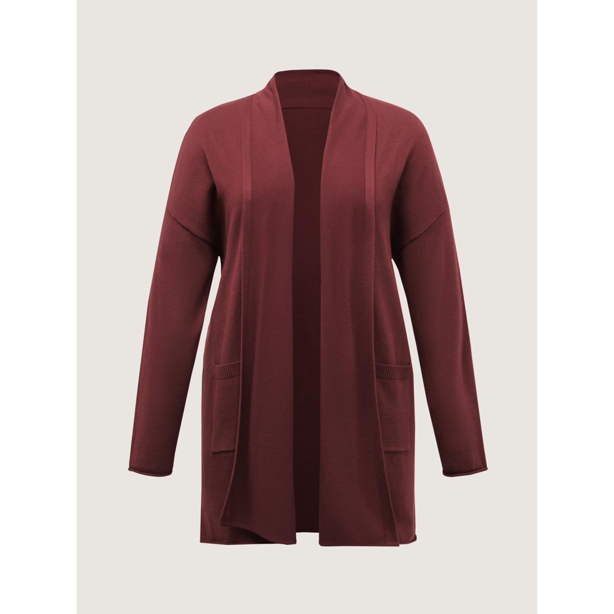Plus Size Supersoft Folded Collar Pocket Open-Front Knit Cardigan Deepred Women Leisure Loose Long Sleeve Casual Cardigans BloomChic 10/M Product Image