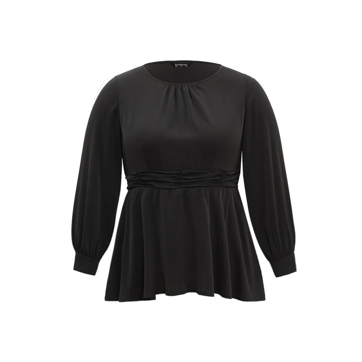 Plus Size Black Anti-Wrinkle Plain Ruched Elastic Waist Blouse Women Office Long Sleeve Round Neck Office Blouses BloomChic 10/M Product Image