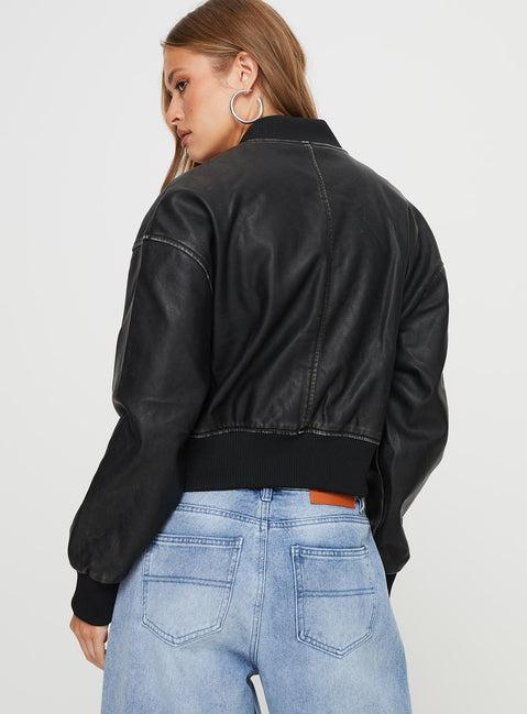 Sweet Disaster Faux Leather Cropped Bomber Jacket Black Product Image
