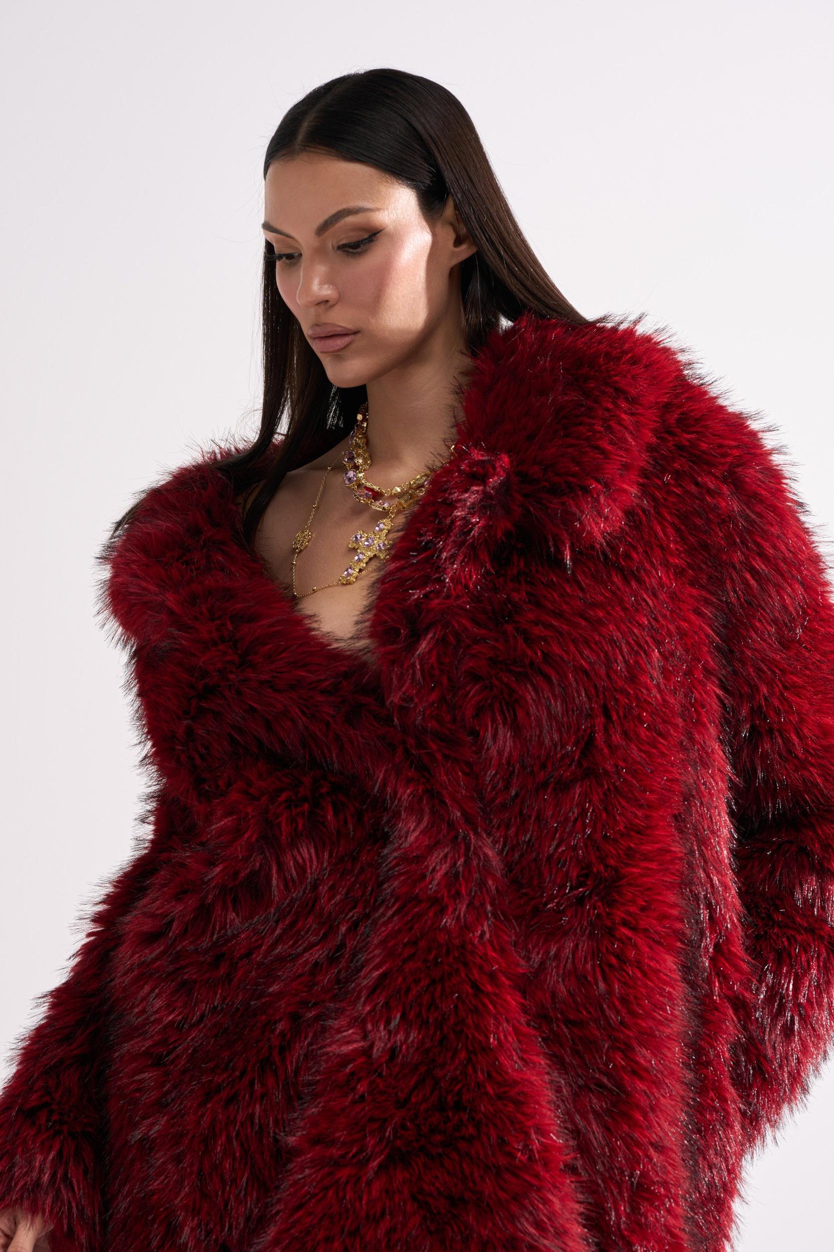 OSLO FAUX FUR COAT IN RED MULTI Product Image