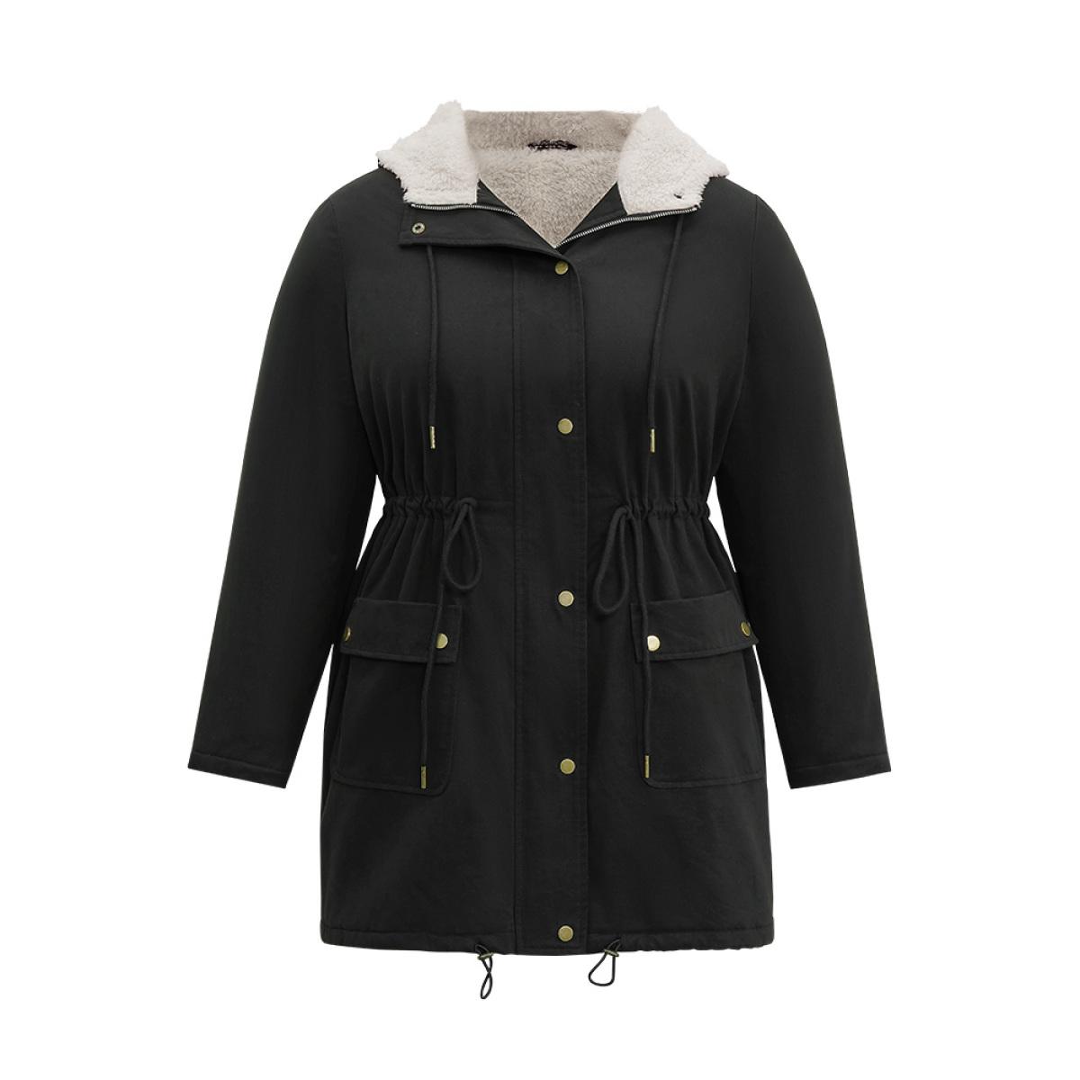 Plus Size Patchwork Drawstring Fuzzy Trim Hooded Zipper Coat Women Black Casual Lined Ladies Dailywear Winter Coats BloomChic 14-16/1X Product Image