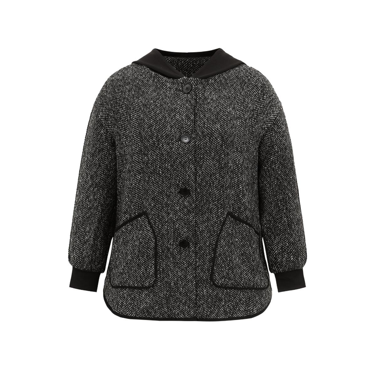Plus Size Tweed Pocket Button Through Hooded Coat Women Black Casual Patchwork Ladies Dailywear Winter Coats BloomChic 14-16/1X Product Image