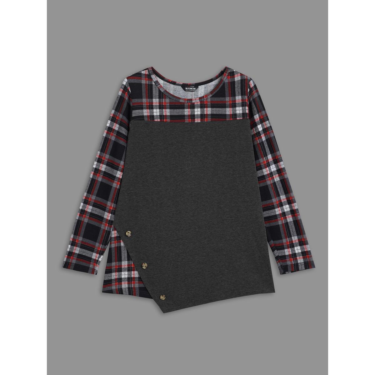 Plus Size Gingham Patchwork Button Detail T-Shirt DimGray Women Casual Contrast Round Neck Everyday T-shirts BloomChic 28/5X Product Image