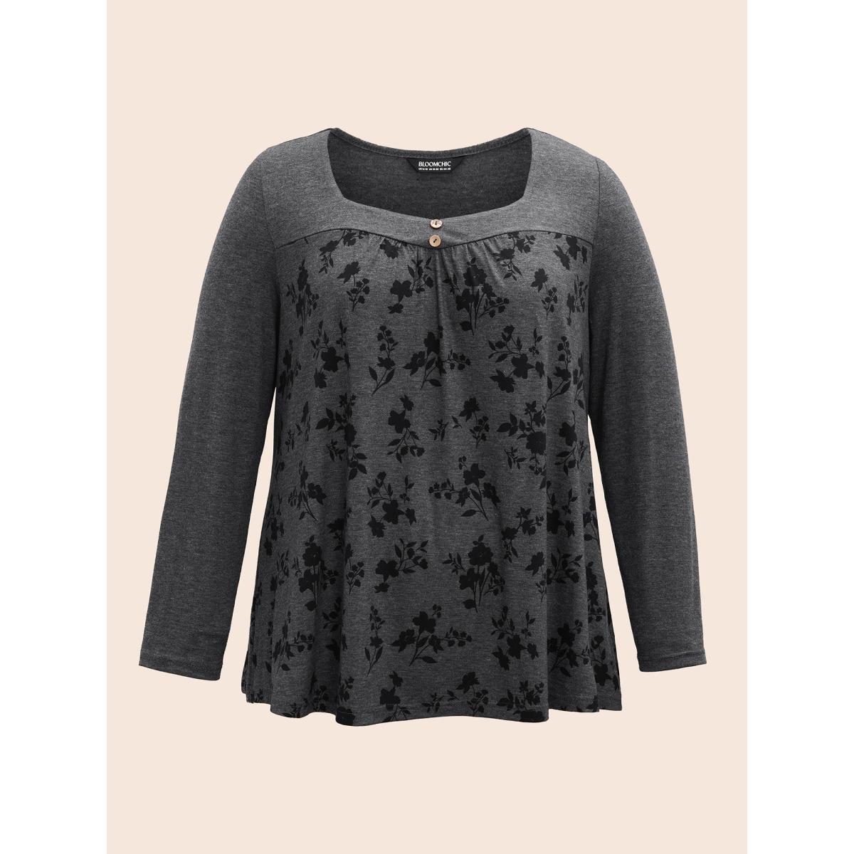Plus Size Floral Spliced Heart Neckline Gathered T-Shirt DimGray Women Leisure Gathered Heart neckline Casual T-shirts BloomChic 18-20/2X Product Image
