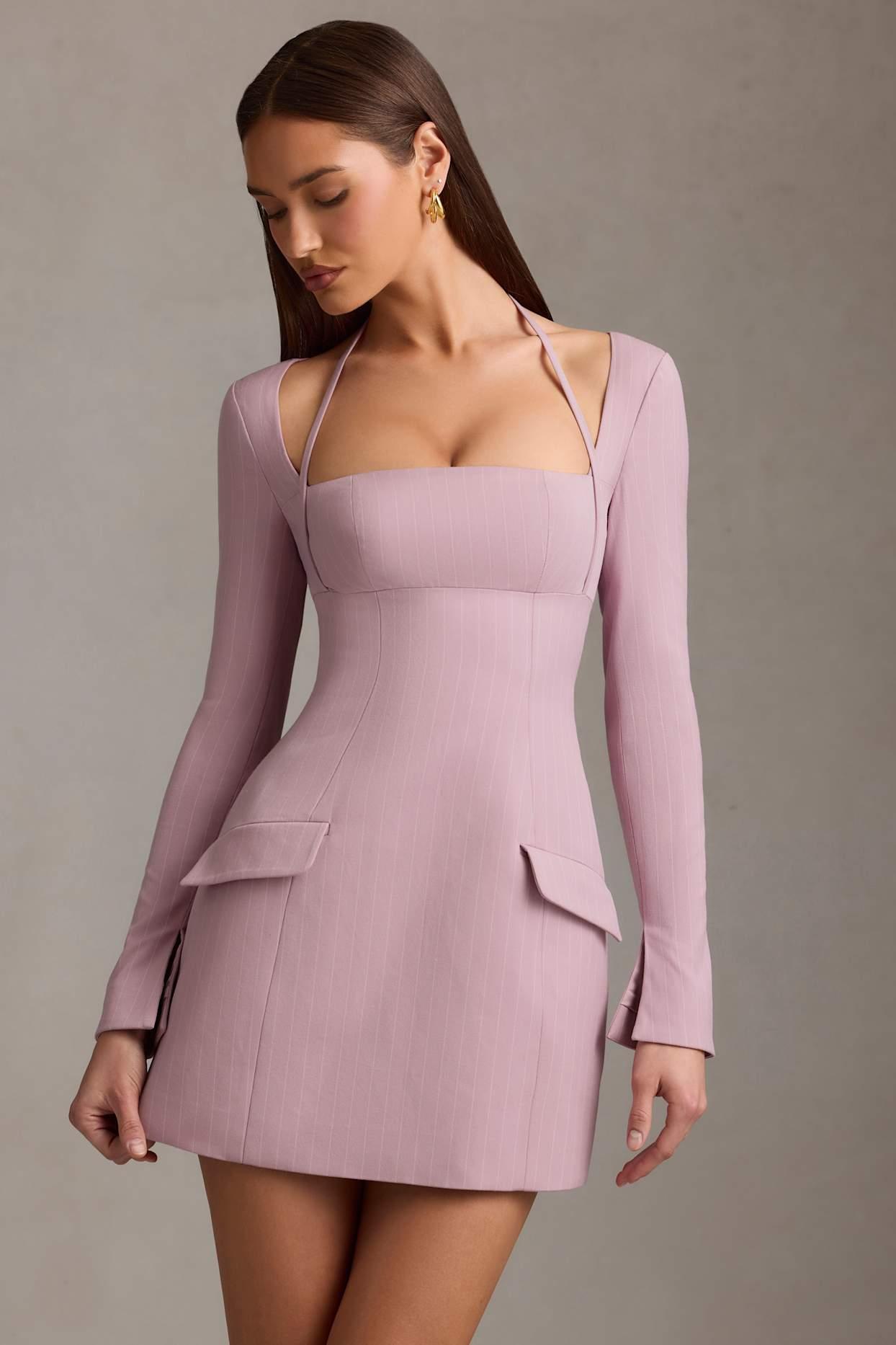 Pinstripe Structured A-Line Mini Dress in Mauve Product Image