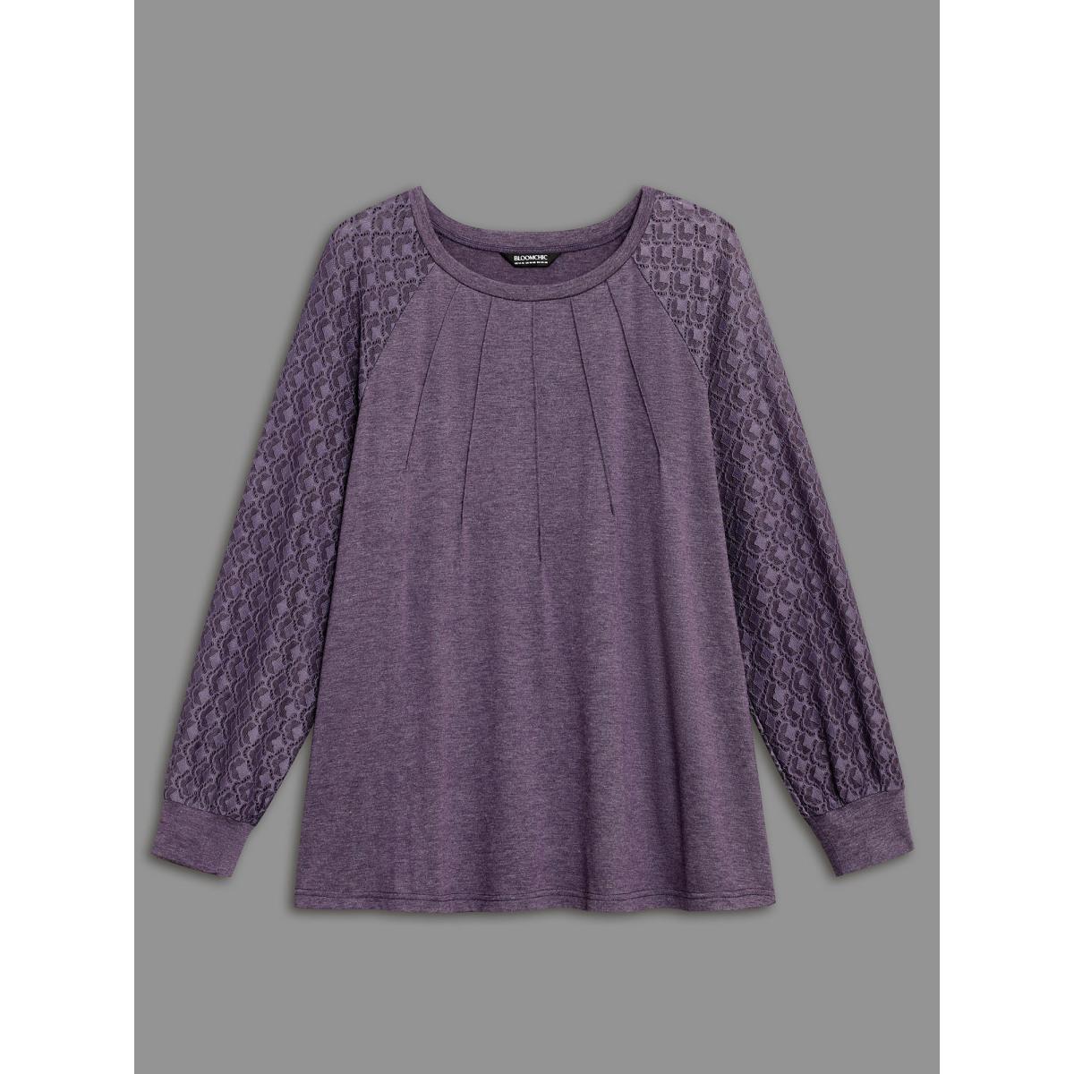 Plus Size Lace Patchwork Pleated Raglan Sleeve T-shirt Eggplant Women Casual Pleated Round Neck Everyday T-shirts BloomChic 10/M Product Image