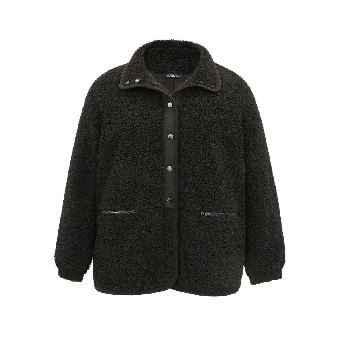 Plus Size Solid Button Through Teddy Coat Women Black Casual Lined Ladies Dailywear Winter Coats BloomChic 12/L Product Image