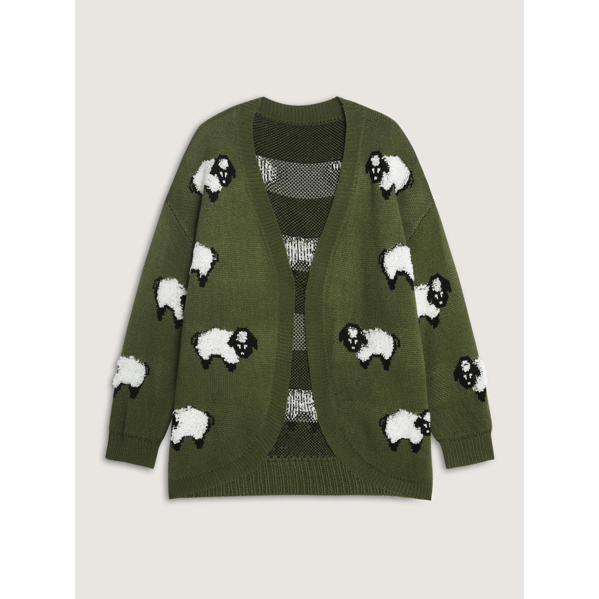 Plus Size Flocked Lamb Curvy Hem Jacquard-Knit Cardigan Moss Women Leisure Loose Long Sleeve Casual Cardigans BloomChic 26/4X Product Image