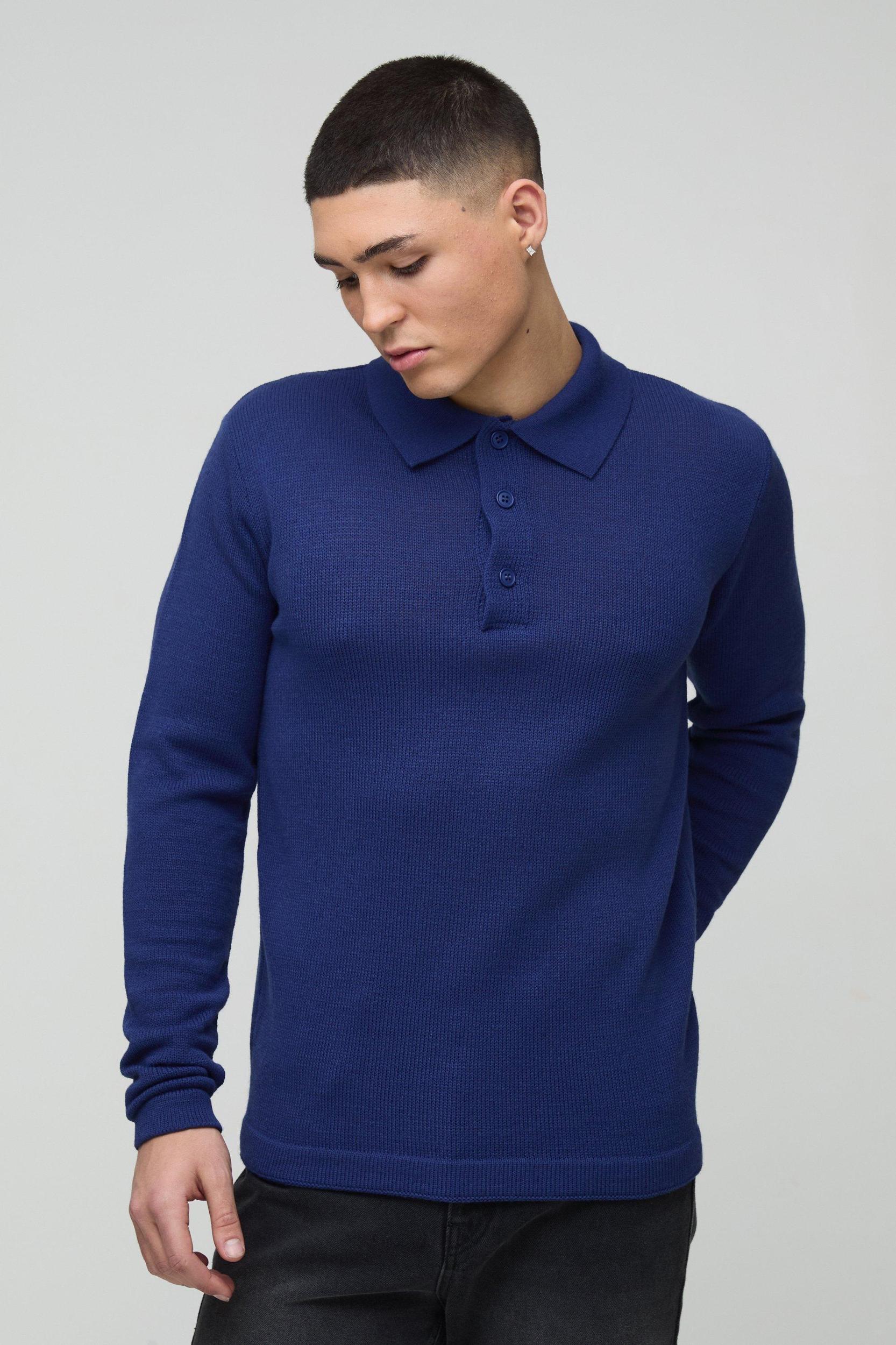 Regular Button Neck Long Sleeve Knitted Polo | boohooMAN USA Product Image