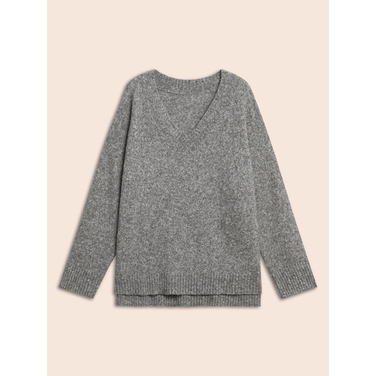 Plus Size Airy Cozy V Neck Drop Shoulder Pullover DimGray Women Casual Long Sleeve V-neck Everyday Pullovers BloomChic 12/L Product Image