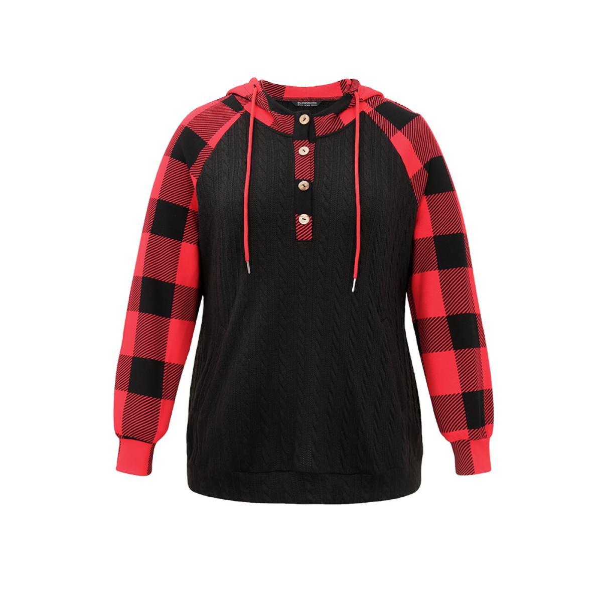 Plus Size Plaid Texture Contrast Hooded Raglan Sleeve Sweatshirt Women Black Casual Texture Hooded Festival-Christmas Sweatshirts BloomChic 30/6X Product Image