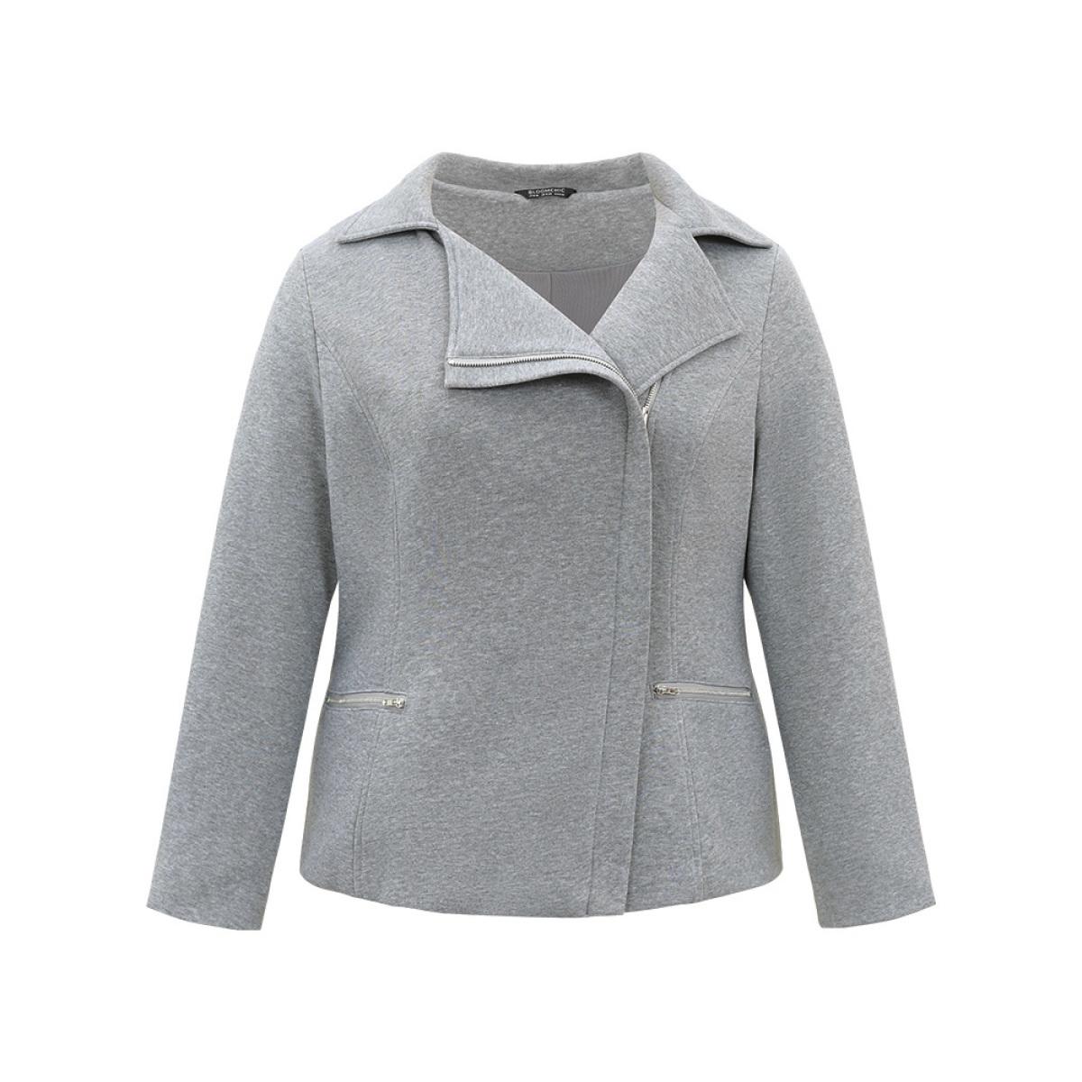 Plus Size Solid Zipper Asymmetrical Pocket Lapel Collar Coat Women Gray Casual Lined Ladies Dailywear Winter Coats BloomChic 14-16/1X Product Image