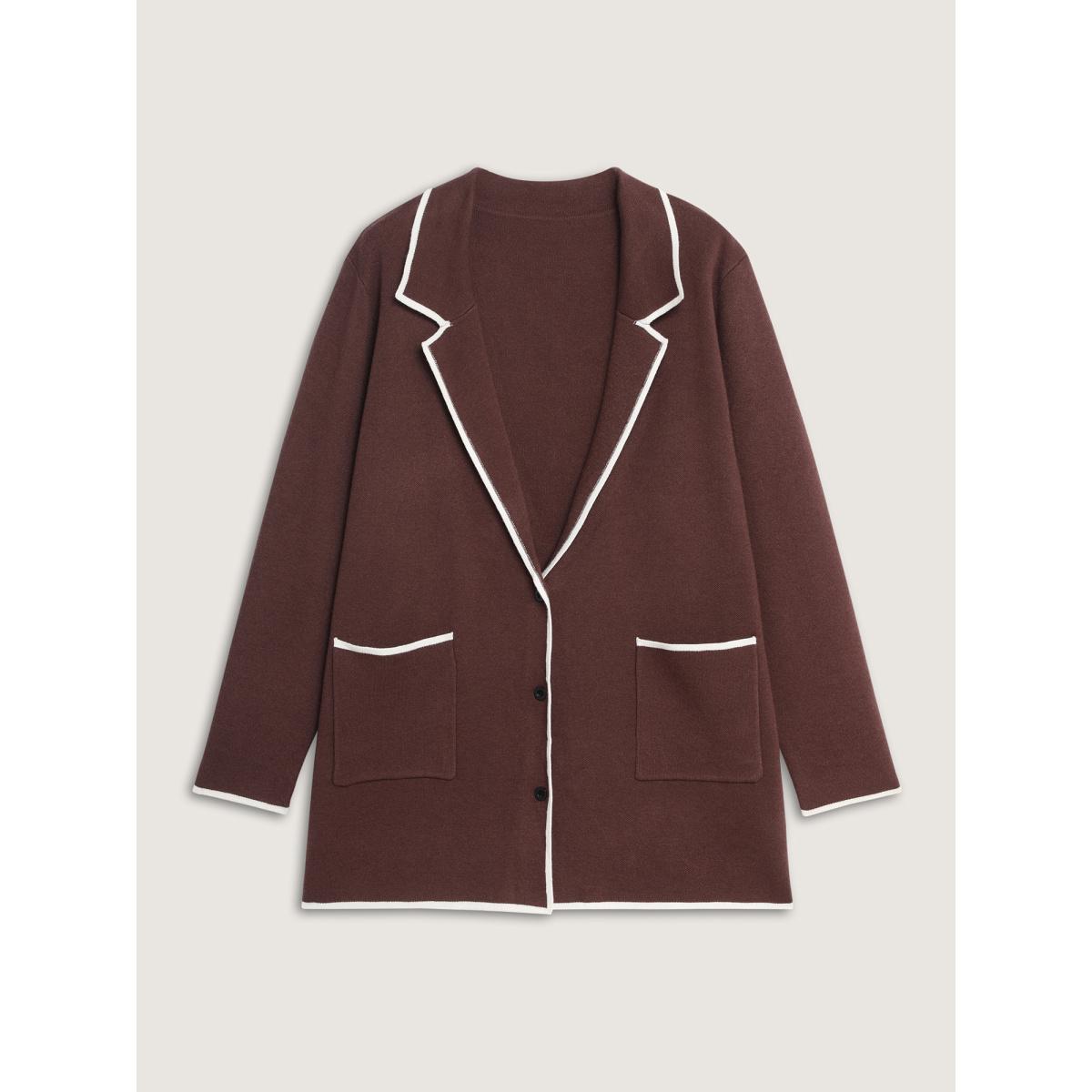 Plus Size Suit Collar Color Contrast Pockets Knit Cardigan Browncoffeecolor Women Loose Long Sleeve Office Cardigans BloomChic 14-16/1X Product Image