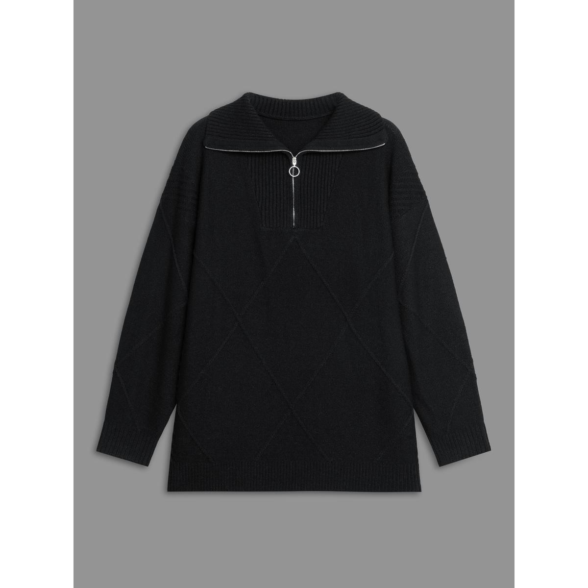 Plus Size Texture Half Zip Drop Shoulder Pullover Black Women Casual Loose Long Sleeve Polo Everyday Pullovers BloomChic 22-24/3X Product Image