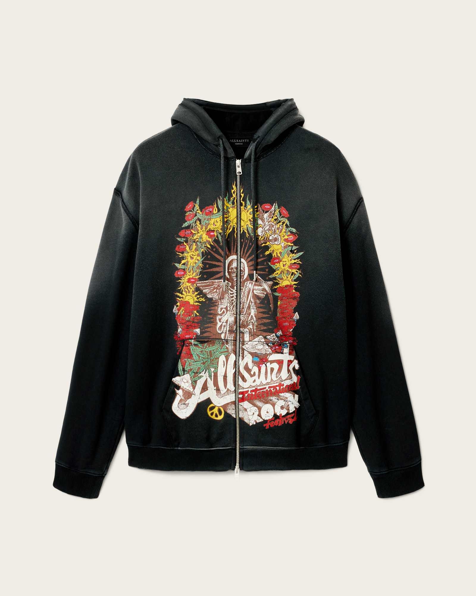 Roque Zip Up Graphic Hoodie Washed Black | ALLSAINTS US Product Image