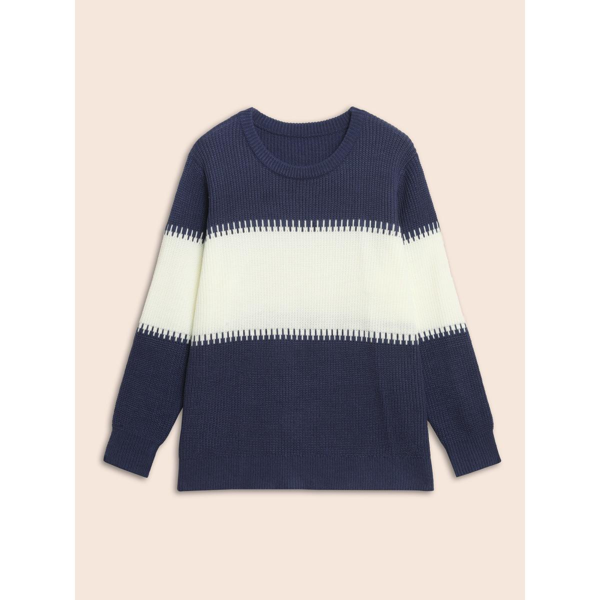 Plus Size Crew Neck Contrast Patchwork Pullover Indigo Women Leisure Loose Long Sleeve Round Neck Casual Pullovers BloomChic 12/L Product Image