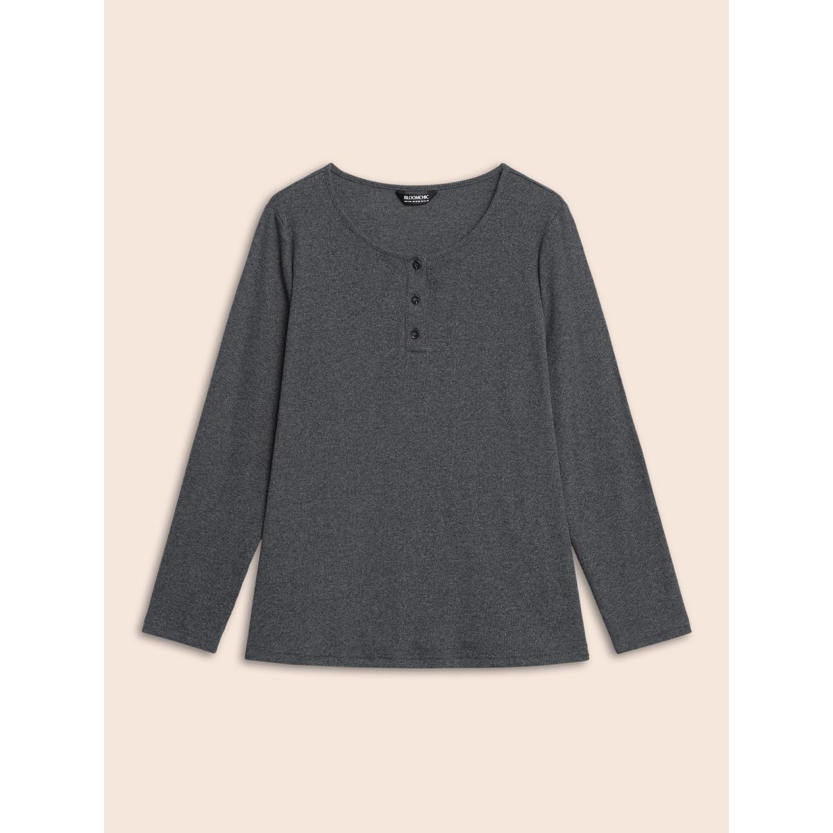 Plus Size Cotton Rib Knit Button Up T-shirt DimGray Women Casual Texture Round Neck Bodycon Everyday T-shirts BloomChic 10/M Product Image