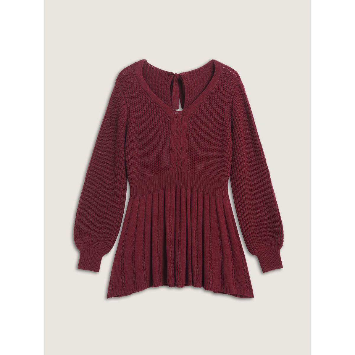 Plus Size Backless Ties Textured Cinched Pullover Deepred Women Timeless Bodycon Long Sleeve V-neck Elegant Pullovers BloomChic 18-20/2X Product Image