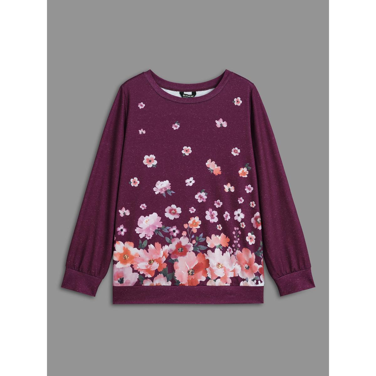 Plus Size Round Neck Floral Stretchy Sleeve Sweatshirt Women Deeppurplered Casual Non Round Neck Everyday Sweatshirts BloomChic 26/4X Product Image