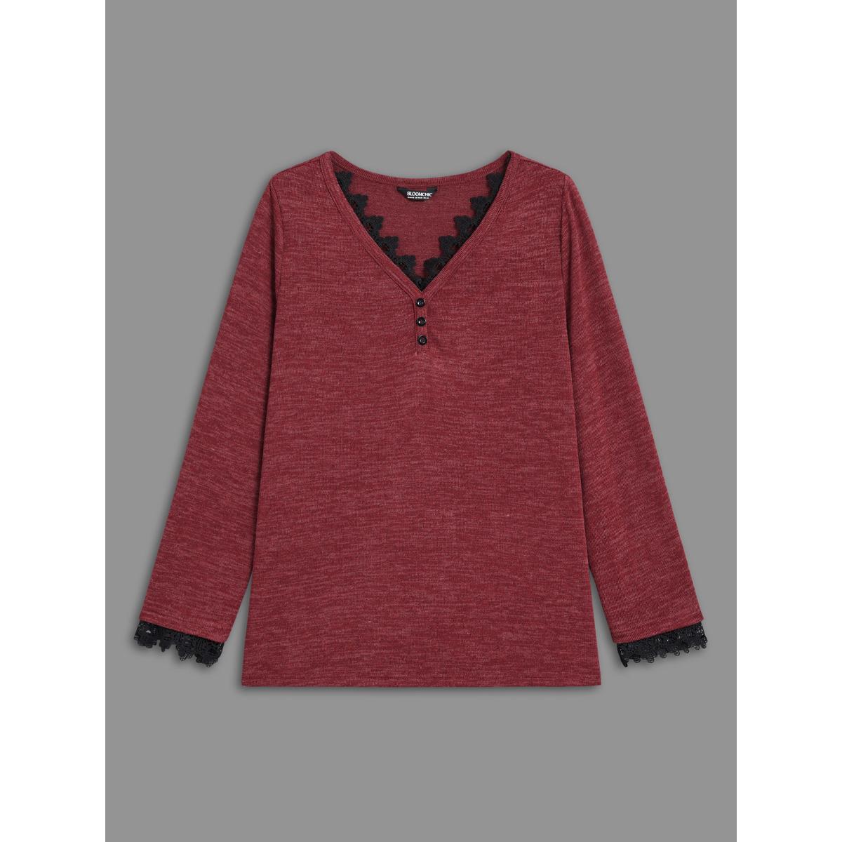 Plus Size V Neck Lace Trim Stitch Button Detail T-Shirt Deepred Women Elegant Woven ribbon&lace trim V-neck Everyday T-shirts BloomChic 14-16/1X Product Image
