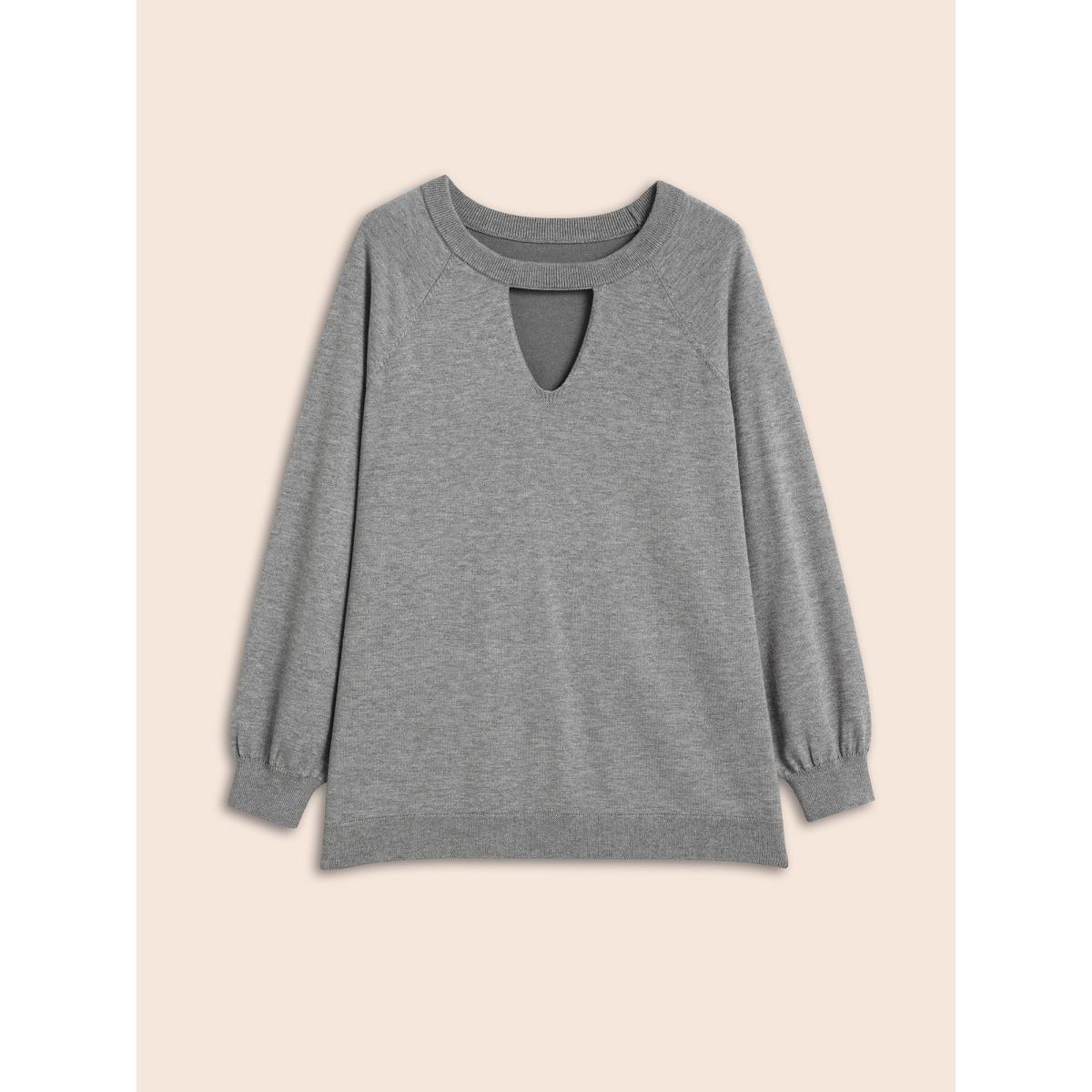 Plus Size Plain Keyhole Puff Sleeve Pullover DarkGray Women Casual Long Sleeve Round Neck Everyday Pullovers BloomChic 28/5X Product Image